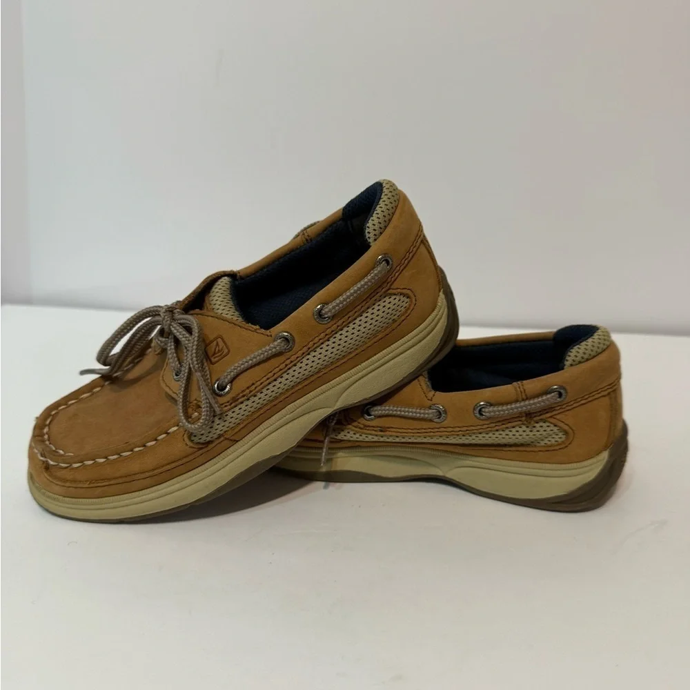 Sperry Boys Top- Slider Lanyard Tan Leather Boat Shoes, Sz 1 M